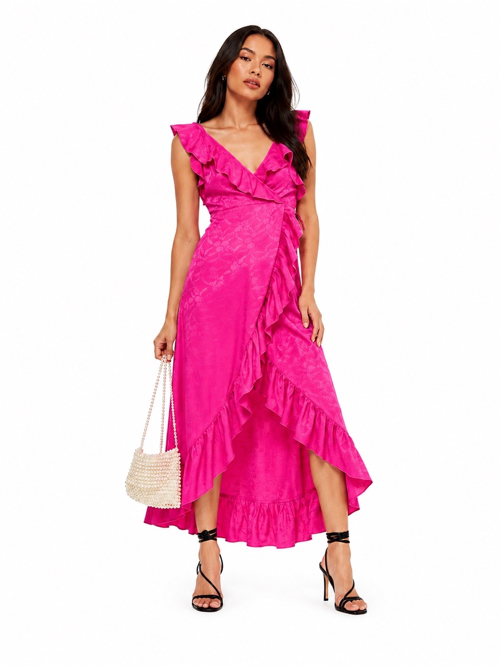 Topshop Pink Jacquard Wrap Midi Dress Ruffle Hi Lo Size 4 NWOT